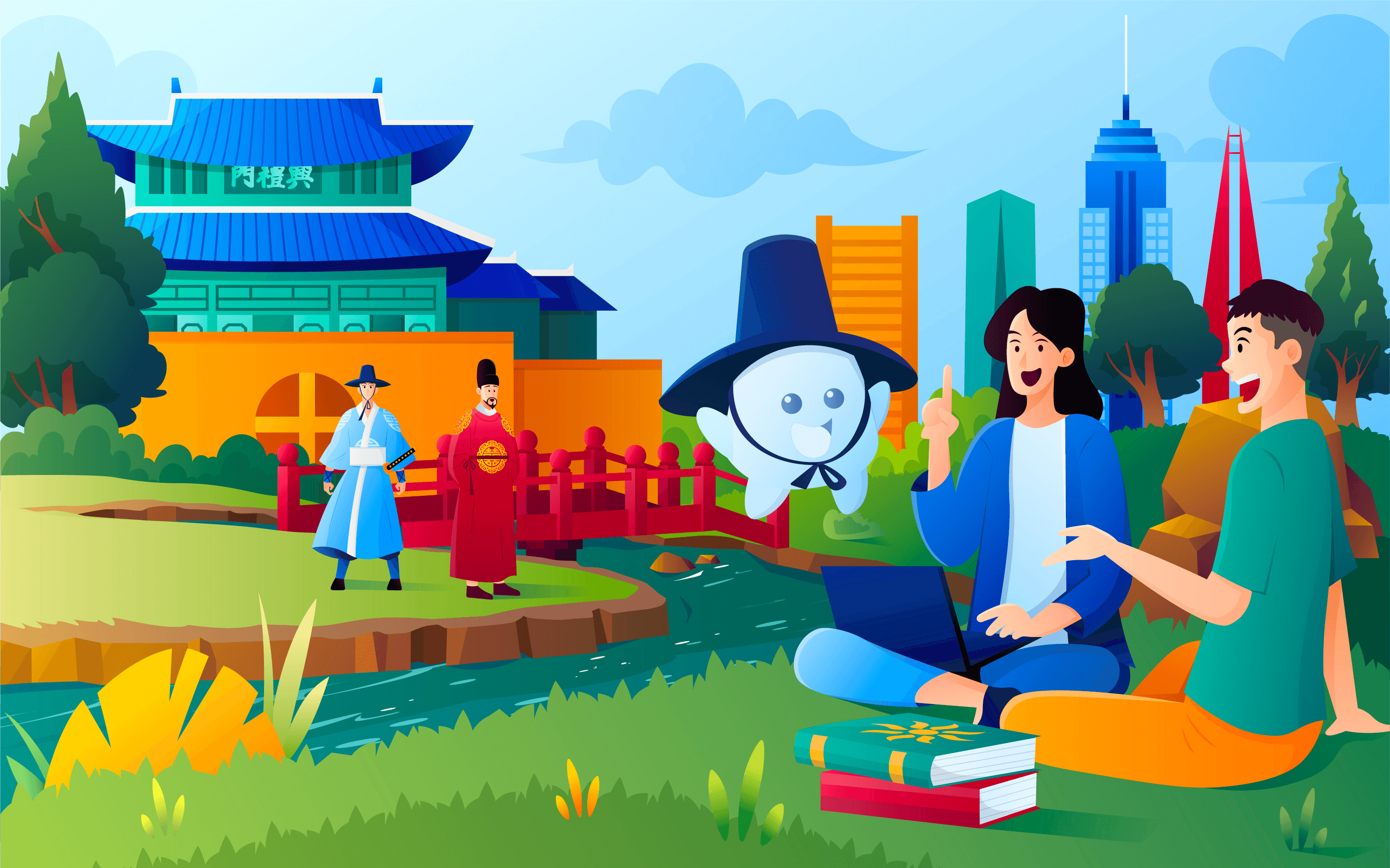 Natanada the soul having a fun discussion with students, while the King and Natanada watching.